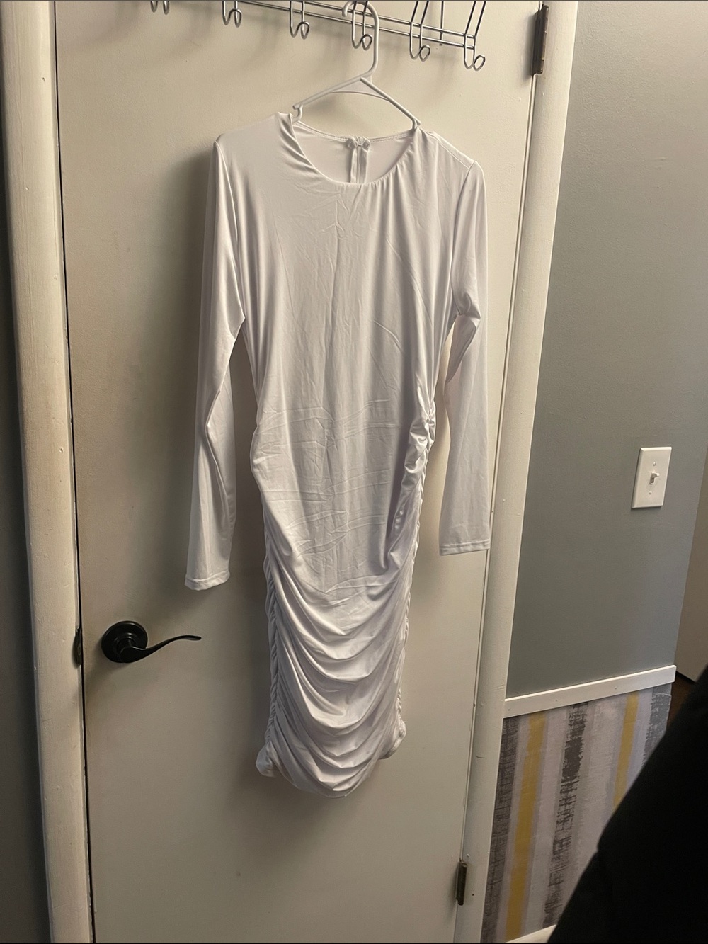 Long-Sleeve White Ruched Midi Dress